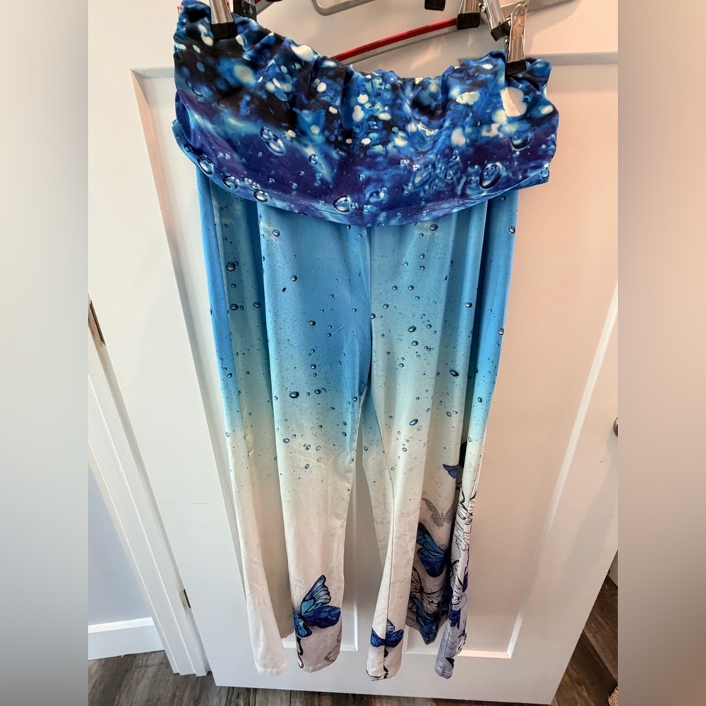 Blue Butterfly Water Droplet Ombre Fold Over Leggings XXL Yoga Festival